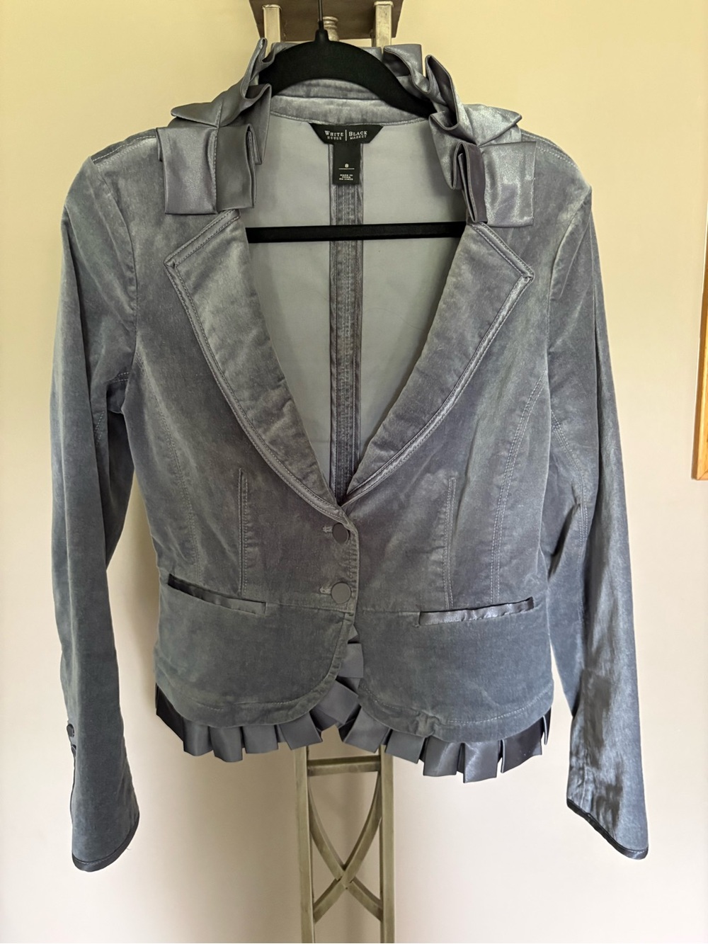 White House Black Market Silver-Gray Holiday Velvet Ruffle-Trim Blazer